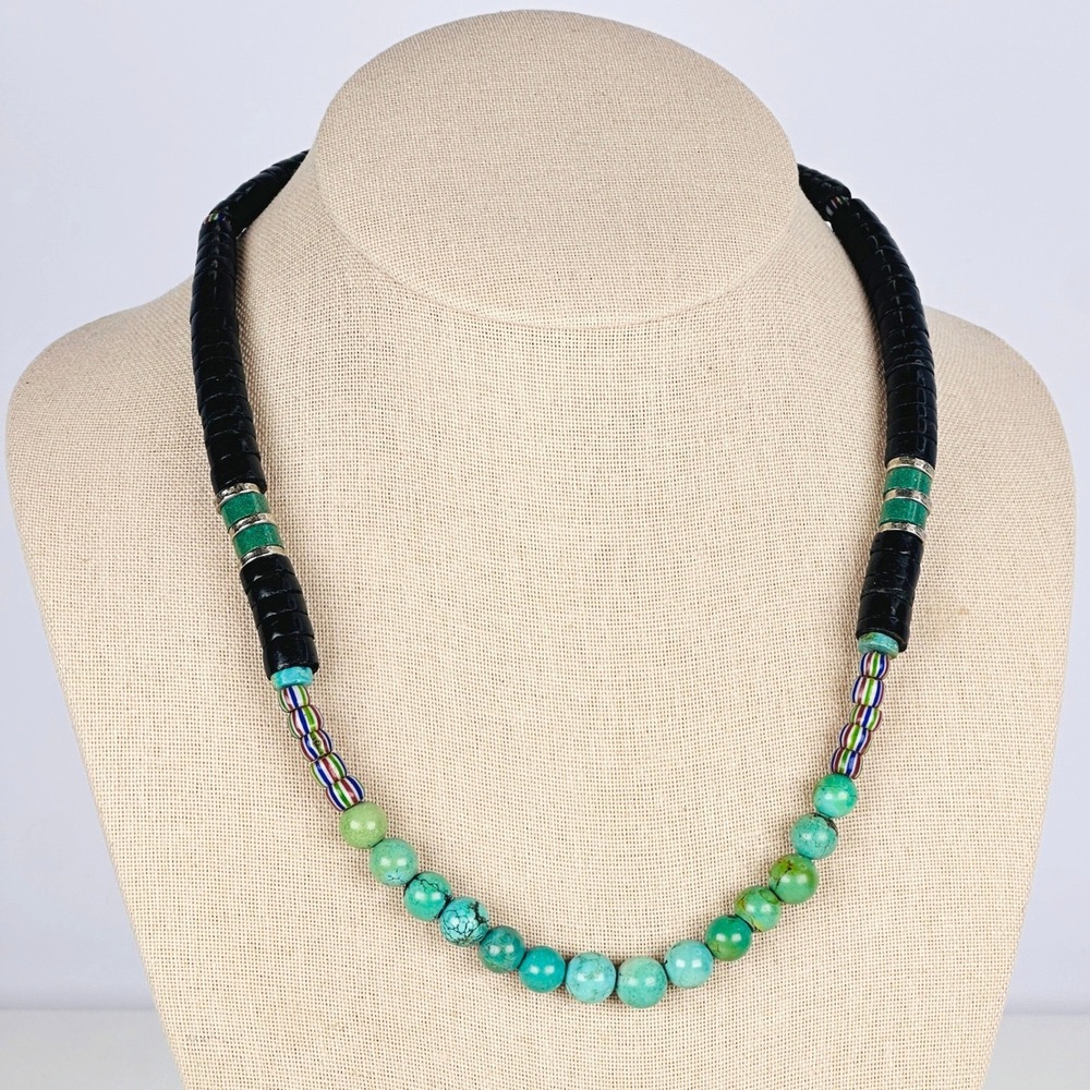 Vintage Navajo Acoma Jet Heishi and Turquoise Necklace Multi Color Trade Bead